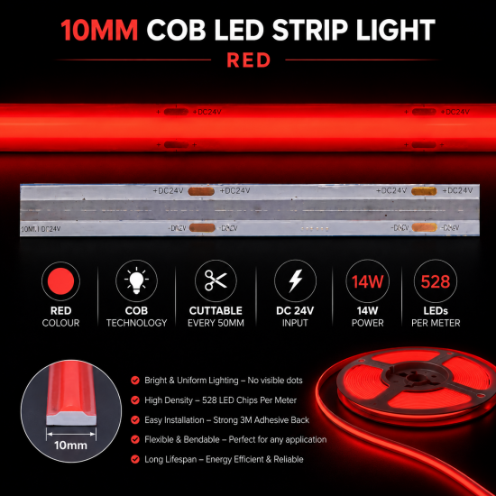 14W 24V COB Red LED Strip Light Roll 528 LED / 5m / 10m