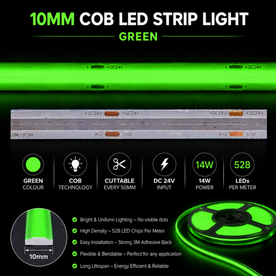 14W 24V COB Green LED Strip Light Roll 528 LED / 5m / 10m