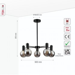 Black Smoked Semi Flush 5 Arm Ceiling Light