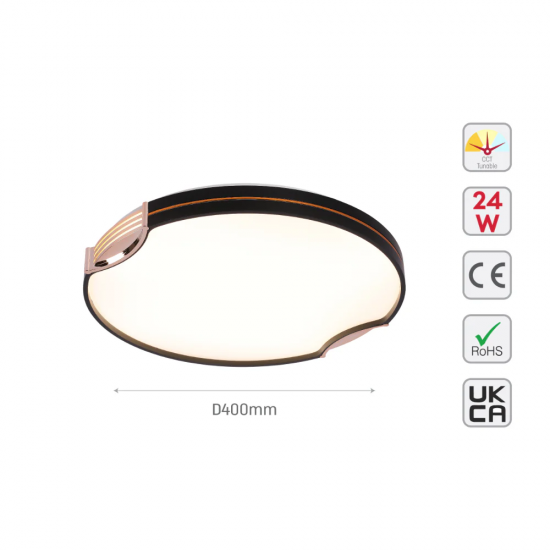 Modern Flush Ceiling Lights 24W LED CCT with Black Frame and Bronze/Copper Accents