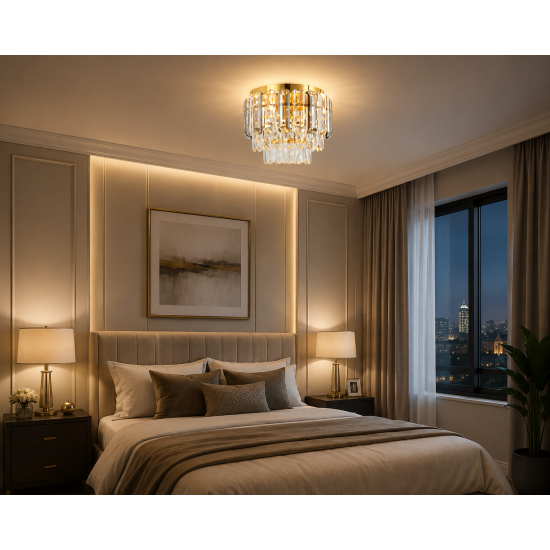 Modern Gold Crystal Flush Ceiling Light 300mm Luxury Chandelier E14 Bedroom Living Room Hallway Lamp