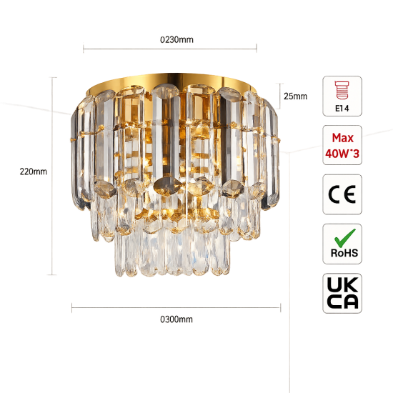 Modern Gold Crystal Flush Ceiling Light 300mm Luxury Chandelier E14 Bedroom Living Room Hallway Lamp
