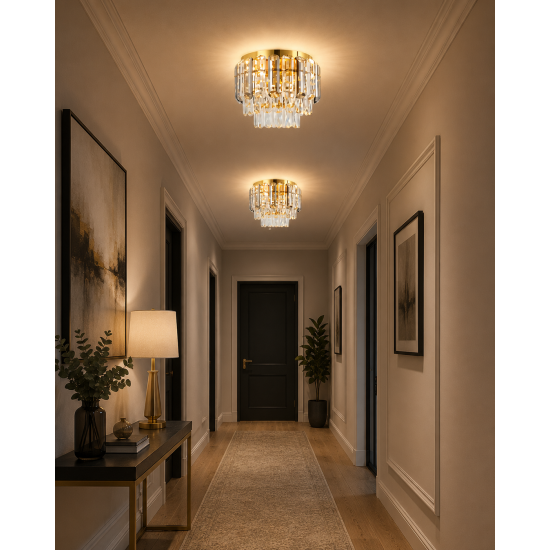 Modern Gold Crystal Flush Ceiling Light 300mm Luxury Chandelier E14 Bedroom Living Room Hallway Lamp