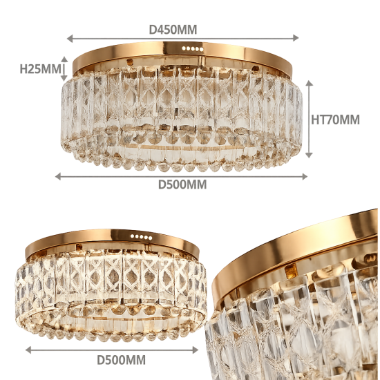 Rose Gold Crystal LED Flush Ceiling Light 60W – CCT Adjustable 3000K-6000K – Dimmable – 500mm
