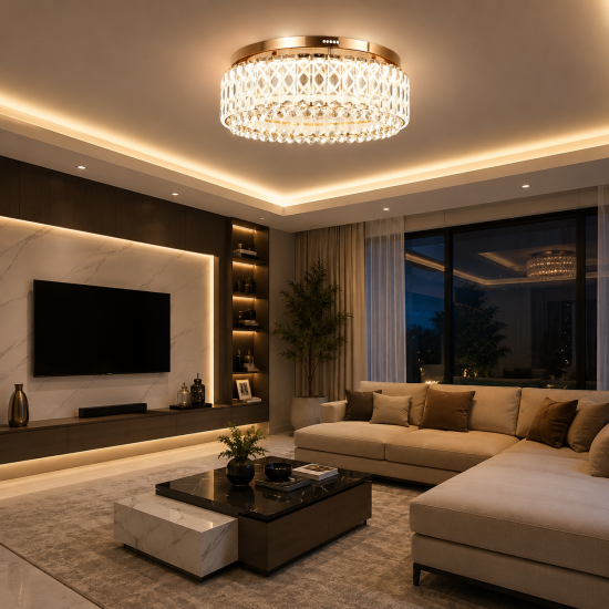 Rose Gold Crystal LED Flush Ceiling Light 60W – CCT Adjustable 3000K-6000K – Dimmable – 500mm