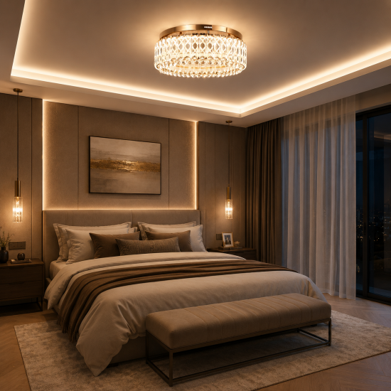 Rose Gold Crystal LED Flush Ceiling Light 60W – CCT Adjustable 3000K-6000K – Dimmable – 500mm
