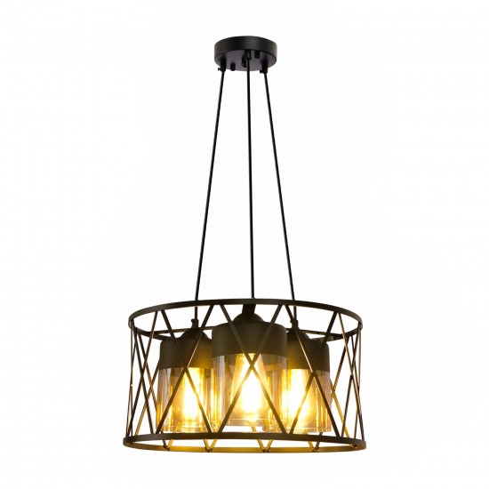Black Caged Pendant Metal Amber Cylinder Glass Chandelier Ceiling Adjustable Light 3xE27