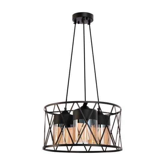 Black Caged Pendant Metal Amber Cylinder Glass Chandelier Ceiling Adjustable Light 3xE27
