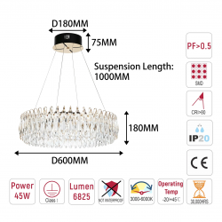 Modern 60cm Gold Crystal 45W LED Chandelier – Dimmable Ceiling Light with Remote Control & 3CCT