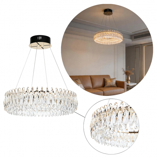 Modern 60cm Gold Crystal 45W LED Chandelier – Dimmable Ceiling Light with Remote Control & 3CCT