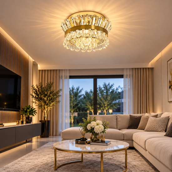 40cm Brass Crystal Chandelier Ceiling Light – Modern Gold Flush Mount E14 Dimmable