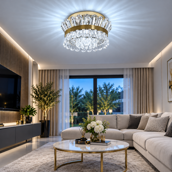 40cm Brass Crystal Chandelier Ceiling Light – Modern Gold Flush Mount E14 Dimmable