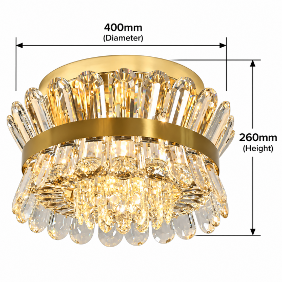 40cm Brass Crystal Chandelier Ceiling Light – Modern Gold Flush Mount E14 Dimmable