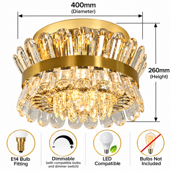 40cm Brass Crystal Chandelier Ceiling Light – Modern Gold Flush Mount E14 Dimmable