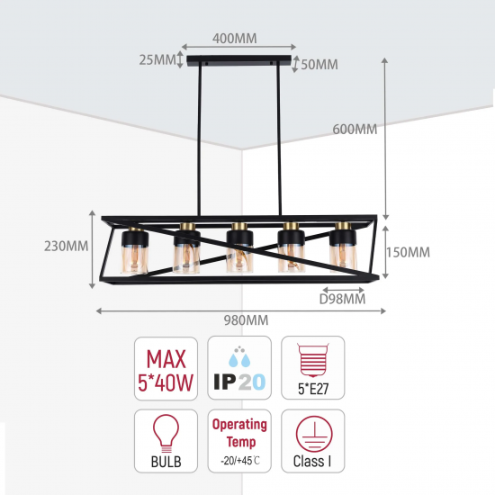 Modern Black & Gold 5 Light Geometric Chandelier – E27 Pendant Ceiling Light