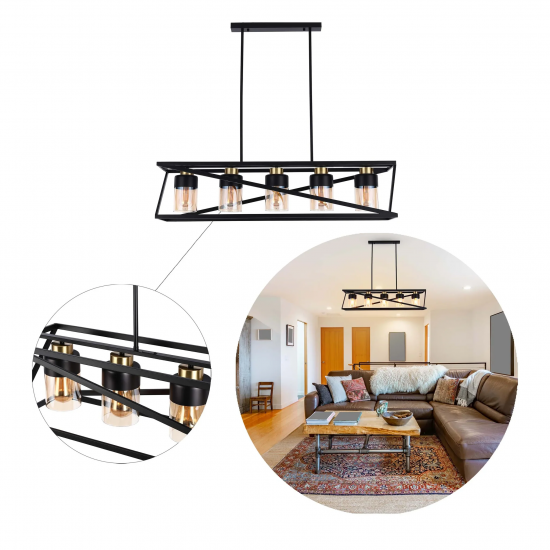 Modern Black & Gold 5 Light Geometric Chandelier – E27 Pendant Ceiling Light