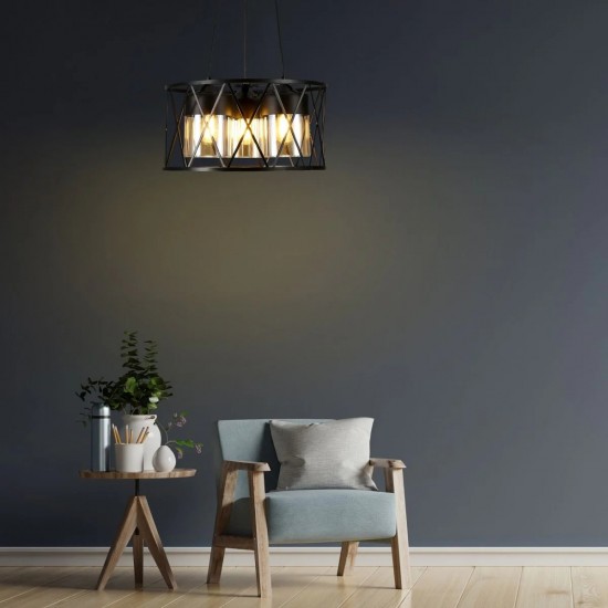 Black Caged Pendant Metal Amber Cylinder Glass Chandelier Ceiling Adjustable Light 3xE27