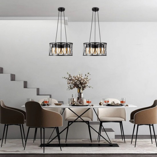 Black Caged Pendant Metal Amber Cylinder Glass Chandelier Ceiling Adjustable Light 3xE27